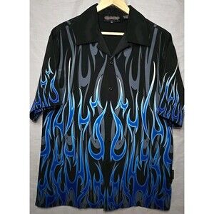 Vintage Sapphire Lounge Shirt Mens Med Black Blue Flames Button Up Y2K Grunge
